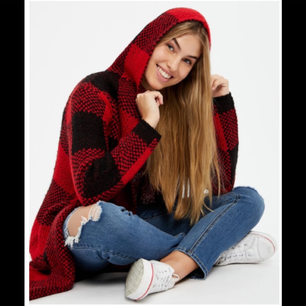 Plaid Cardigan with Hood
